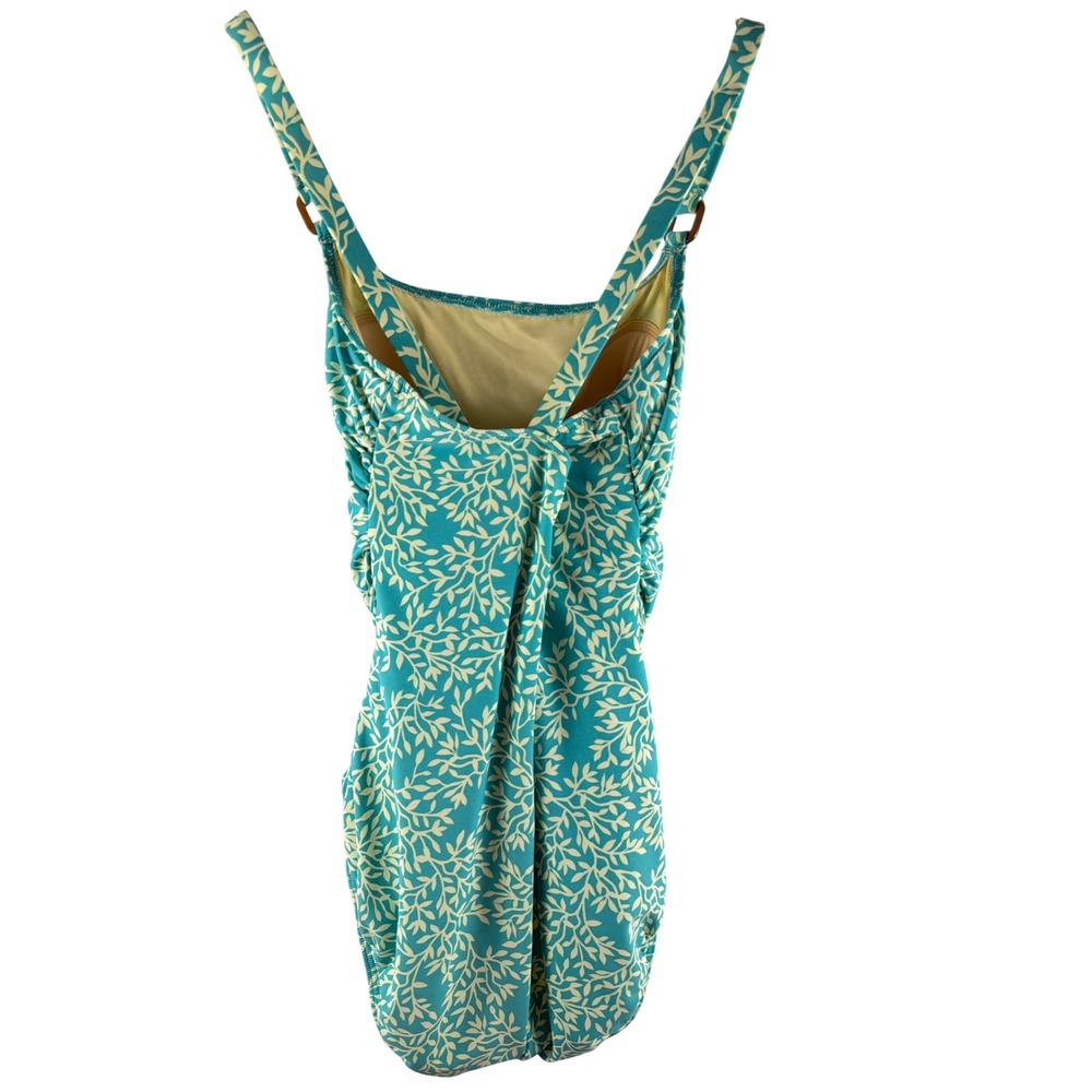 Lands End Womens Sz 14 Teal Leaf Print Ruched One Piece Swimsuit Crossover Back - Picture 4 of 8